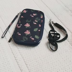 RFID PASSPORT/WALLET/WRISTLET/SHOULDER STRAP BLUE PINK FLAMINGO MOTIF